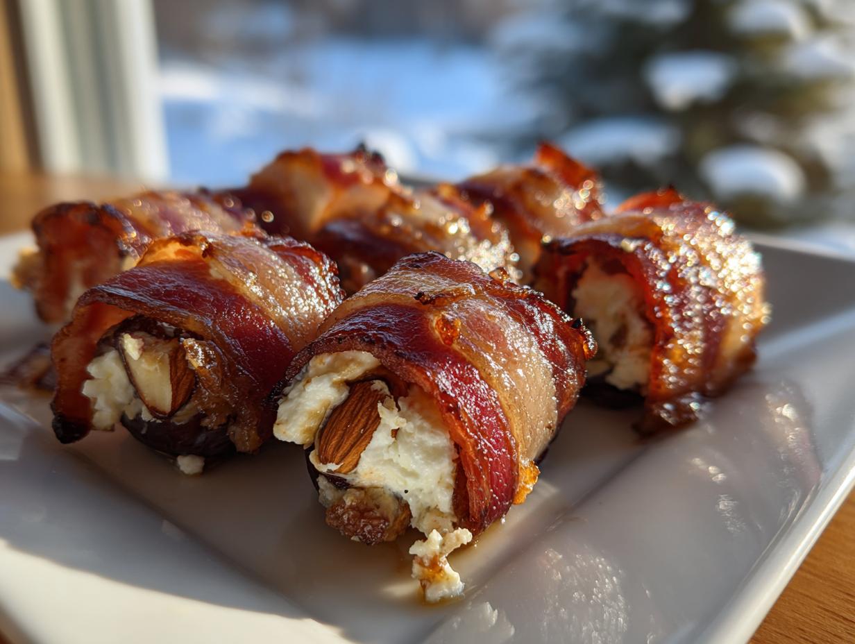 Close-up of crispy bacon wrapped stuffed dates filled with cream cheese and an almond.