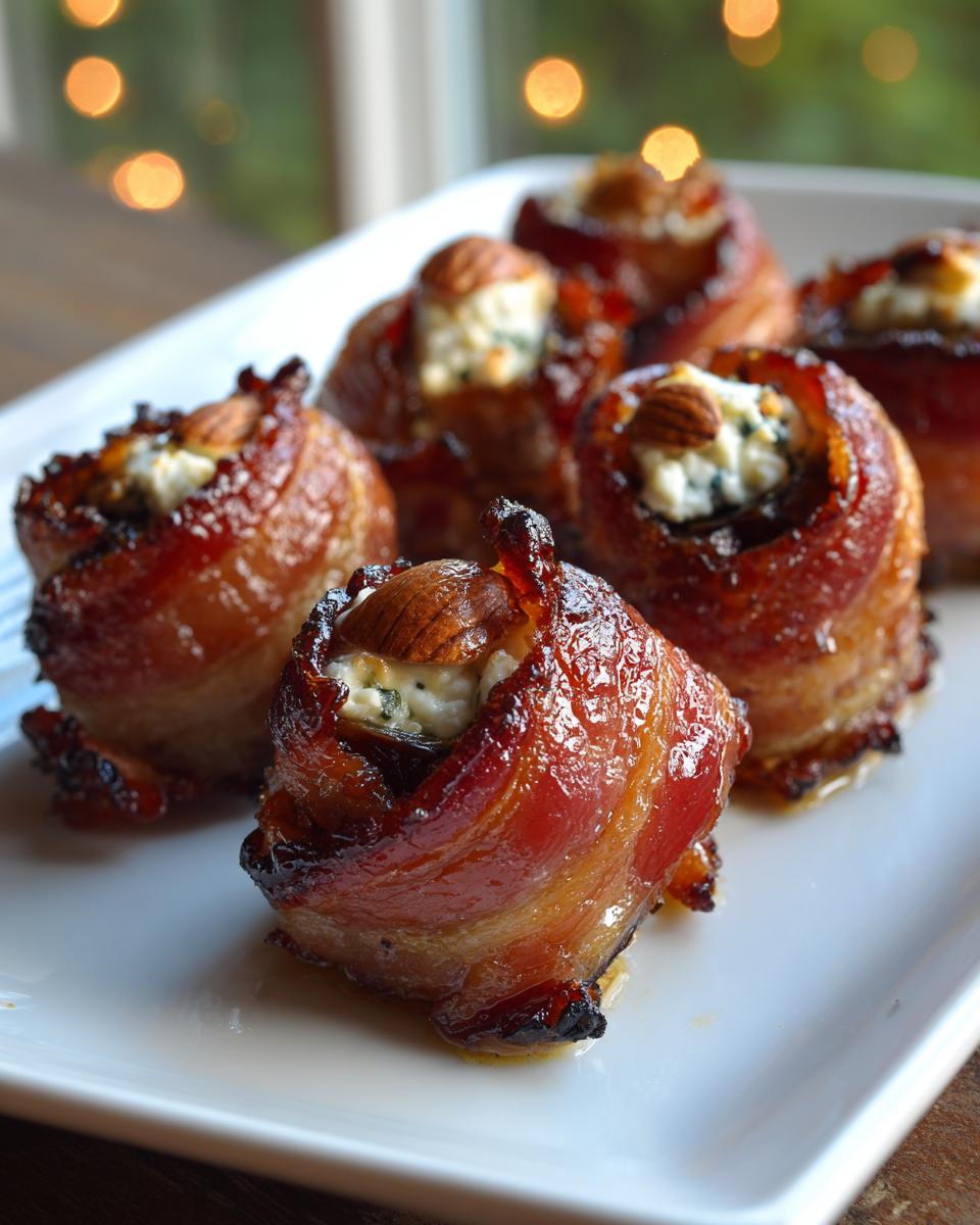 Close-up of several bacon wrapped stuffed dates filled with cheese and topped with an almond.
