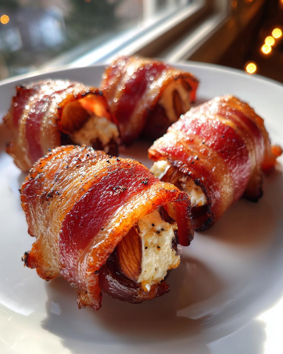 Four crispy bacon wrapped stuffed dates filled with cheese and an almond, served on a white plate.
