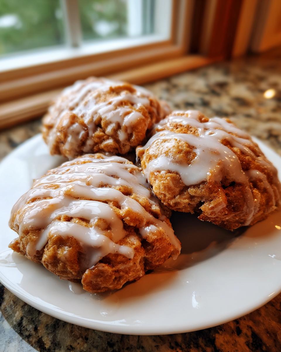 Three golden baked apple fritters drizzled with white glaze, served on a white plate.