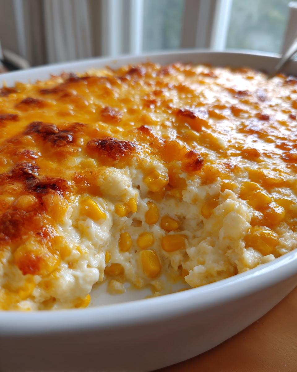 Close-up of a creamy, baked corn dip topped with melted, bubbly, golden-brown cheddar cheese.