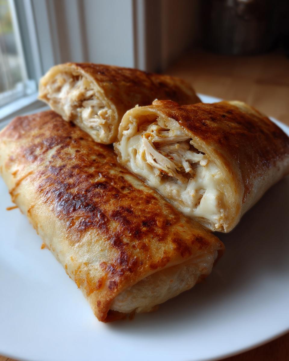 Close-up of two halves of a baked chicken chimichangas showing shredded chicken and melted cheese filling.