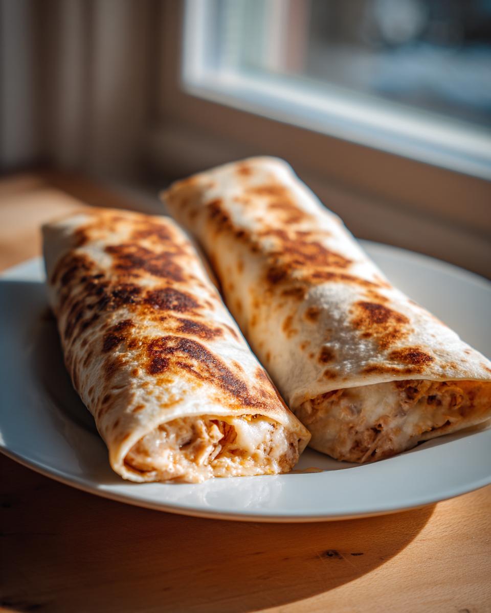 Two golden-brown, crispy Baked Chicken Chimichangas served on a white plate near a window.