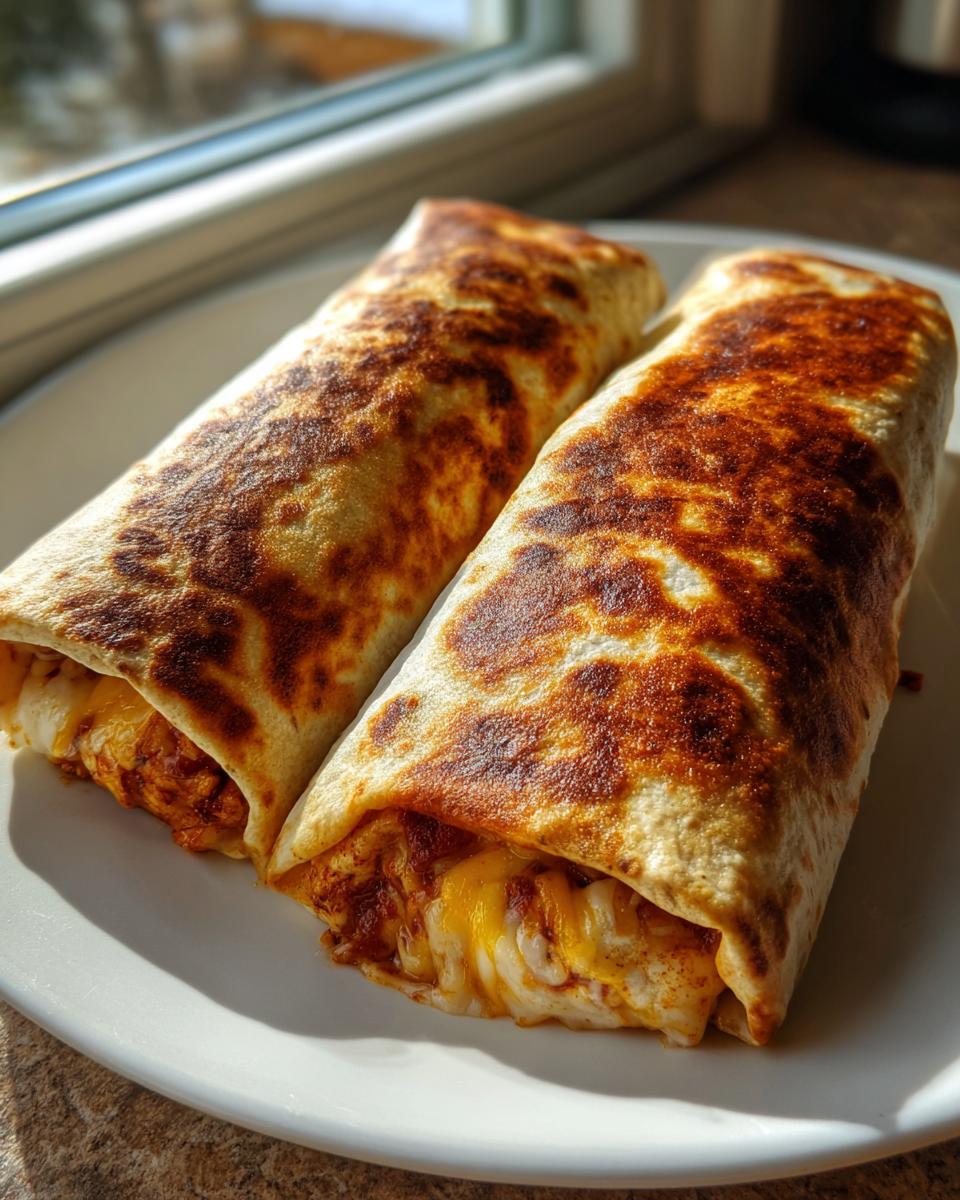 Two crispy, golden-brown Baked Chicken Chimichangas filled with melted cheese, served on a white plate.