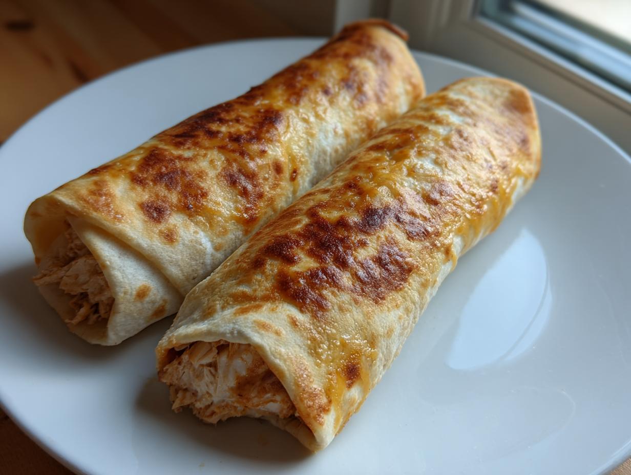Two golden-brown Baked Chicken Chimichangas resting on a white plate, showing shredded chicken filling.