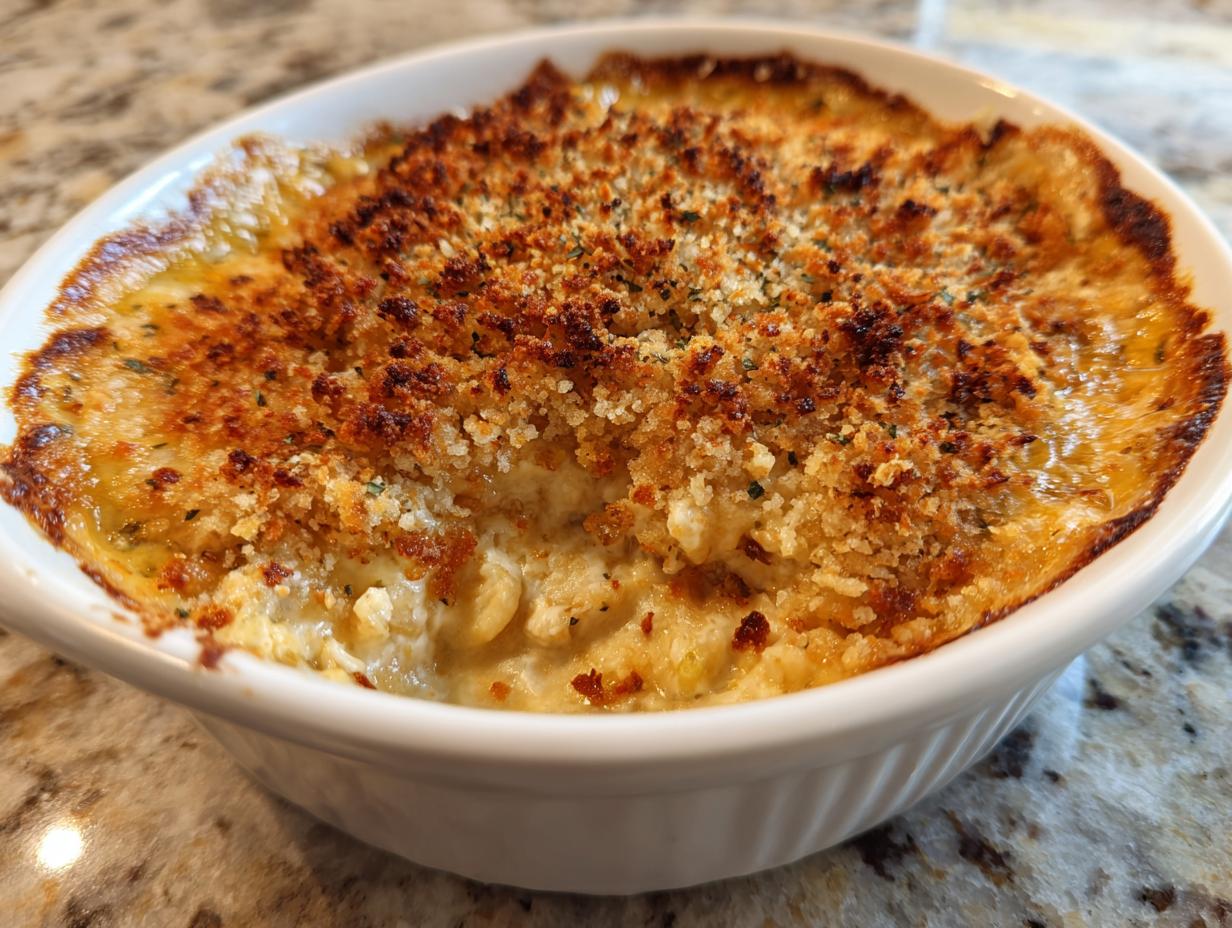 Close-up of a baked popper dip in a white oval dish, featuring a bubbly, cheesy interior and a crunchy, browned breadcrumb topping.