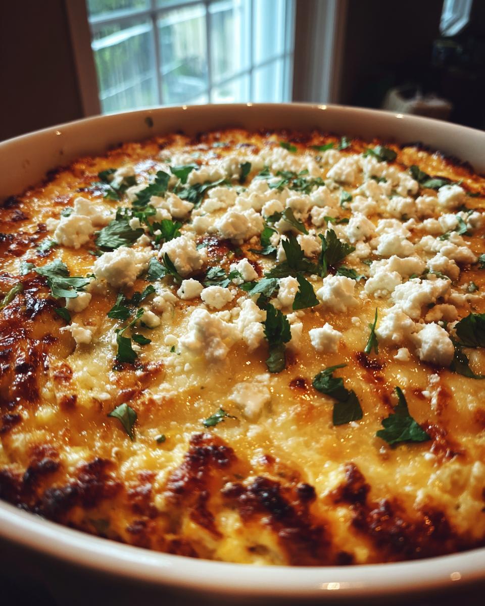 Close-up of a baked mexican street corn dip in a white dish, topped with crumbled white cheese and fresh cilantro.