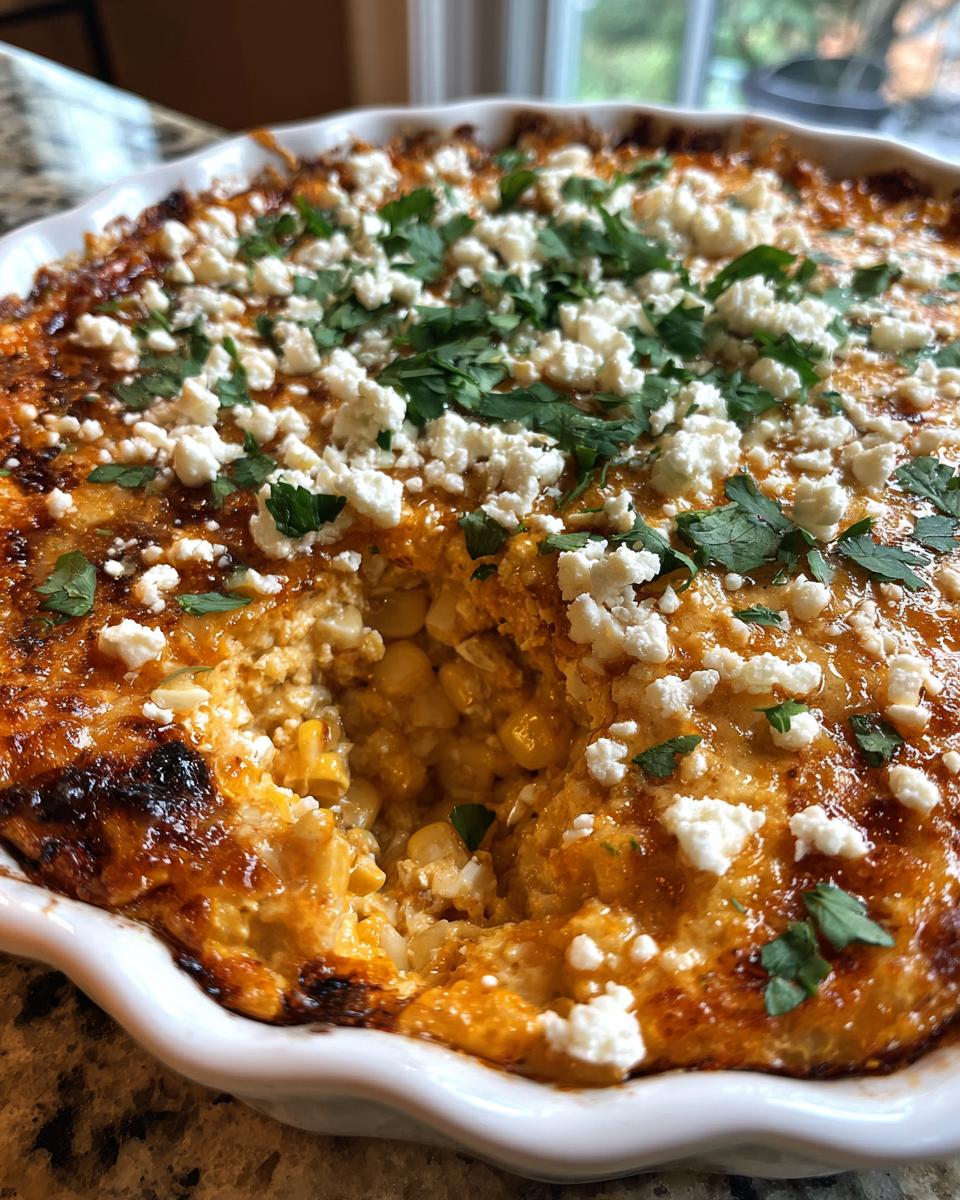 A close-up of a baked mexican street corn dip in a white dish, topped with crumbled white cheese and fresh cilantro.