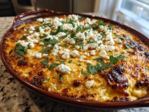 A close-up of a freshly baked mexican street corn dip, bubbling hot and topped with crumbled white cheese and fresh cilantro.