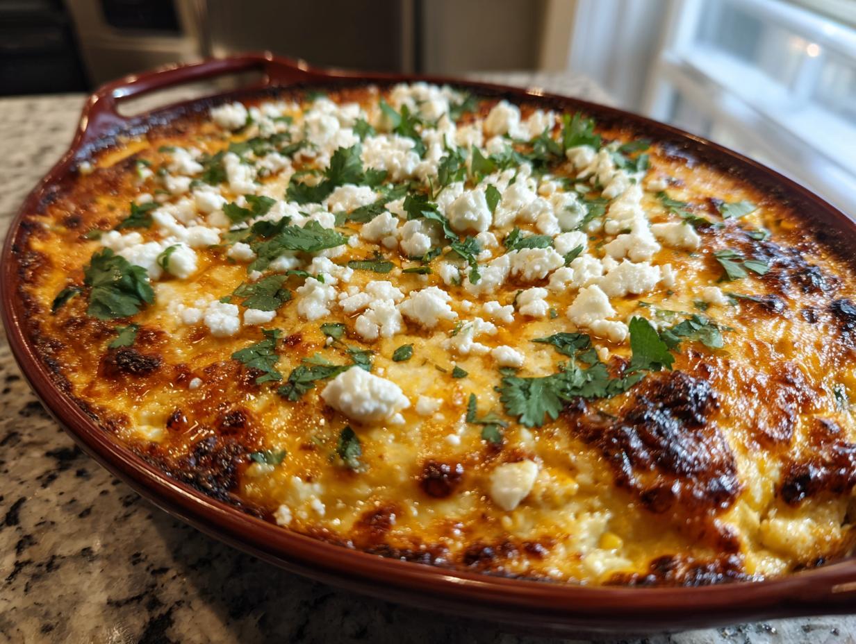 A close-up of a freshly baked mexican street corn dip, bubbling hot and topped with crumbled white cheese and fresh cilantro.