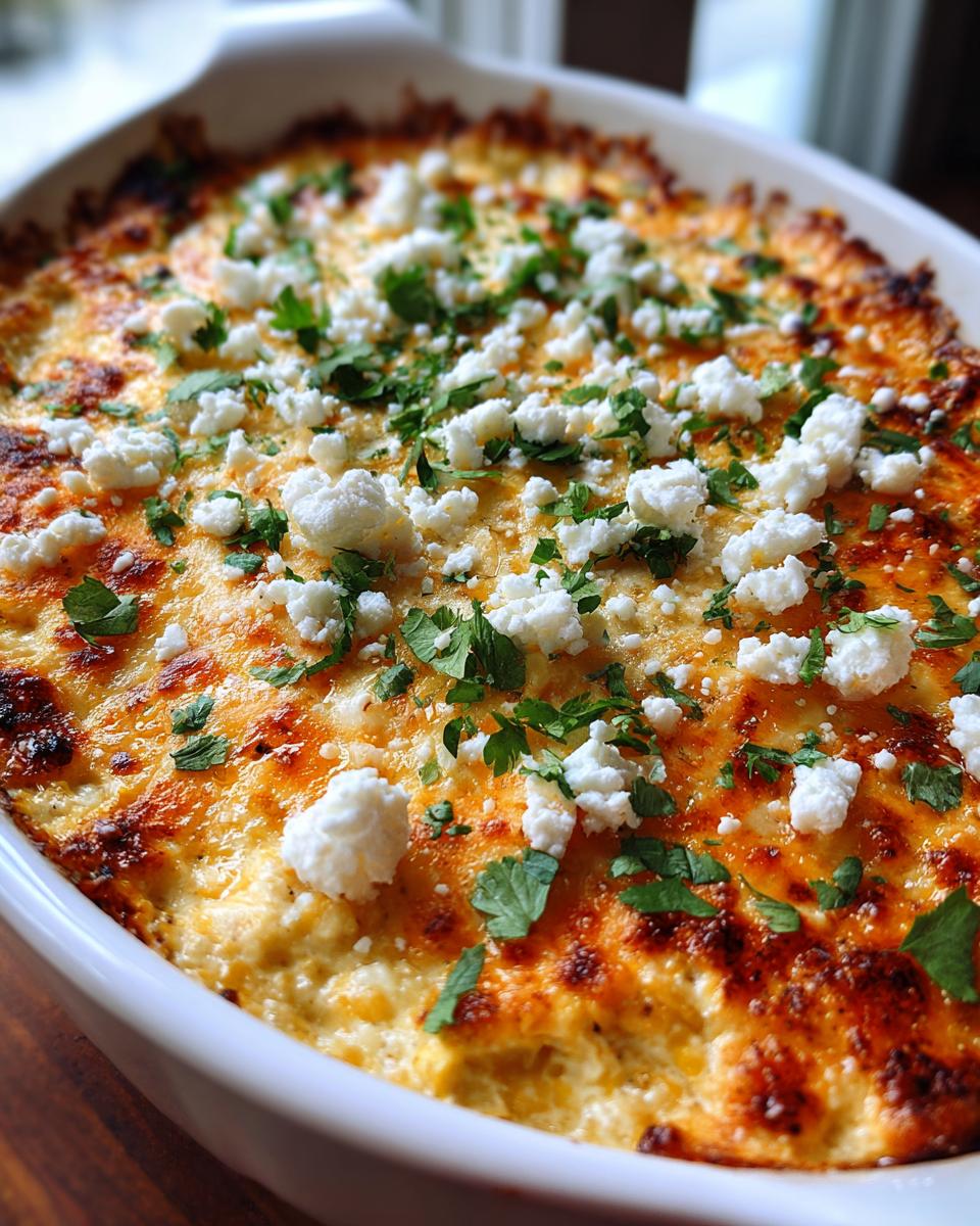 Close-up of baked mexican street corn dip, golden brown and bubbly, topped with crumbled white cheese and fresh cilantro.
