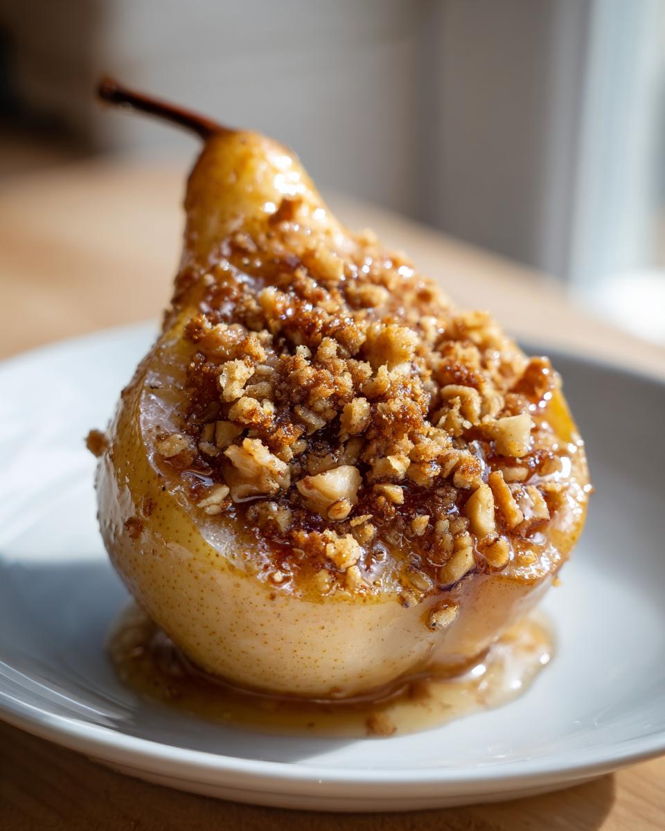 Close-up of a single baked pear topped with a sweet, crunchy crumble and syrup, ready to eat.