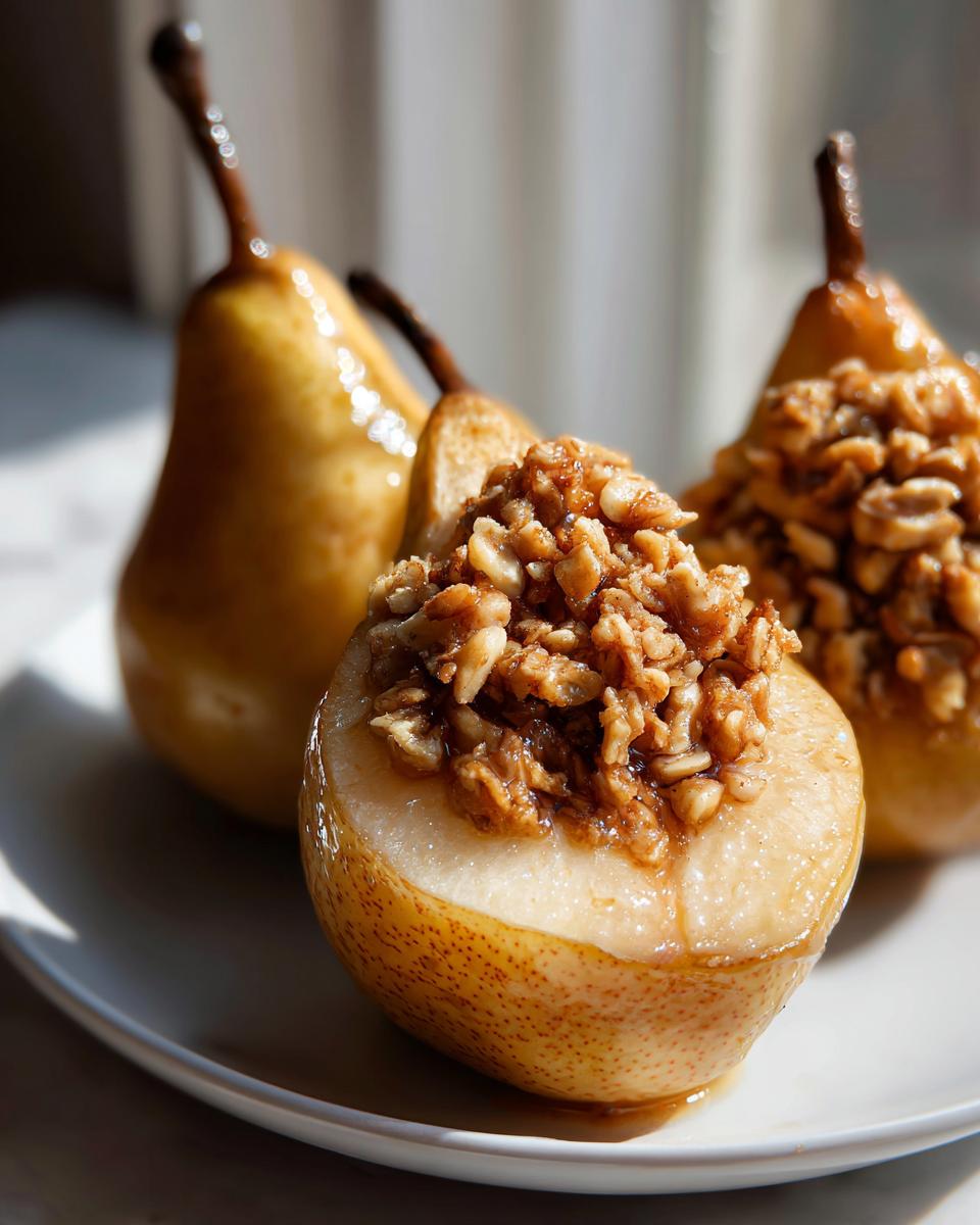 Close-up of delicious baked pears, one halved and filled with a crunchy, spiced nut topping.
