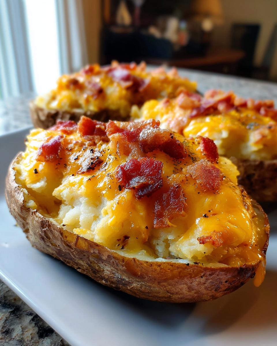 A close-up of a delicious baked potato casserole half, loaded with melted cheddar cheese and crispy bacon bits.