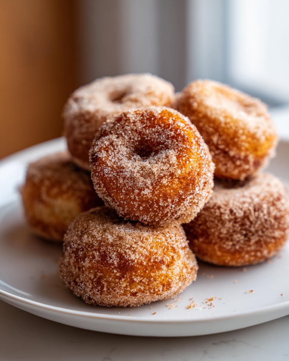 A close-up of several baked pumpkin donuts coated generously in cinnamon sugar, stacked on a white plate.