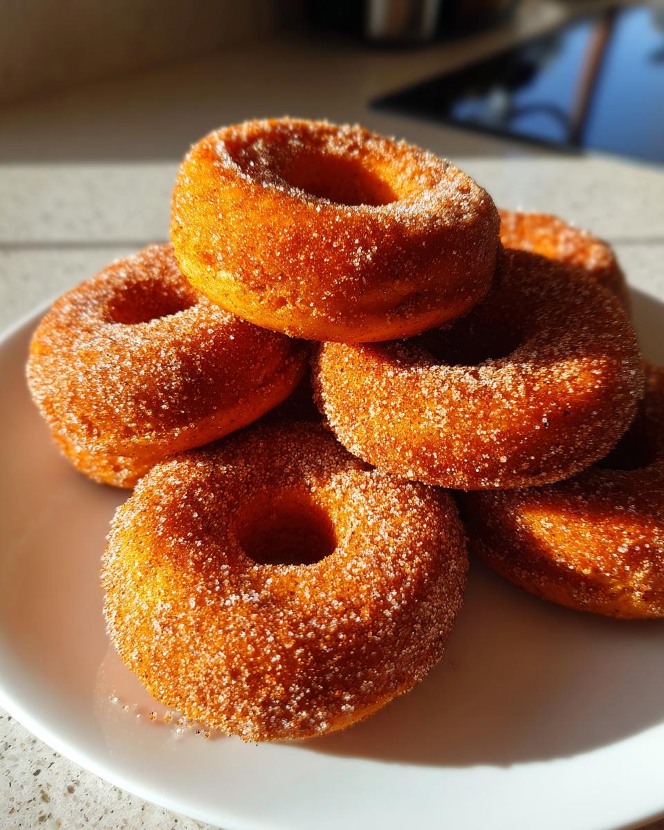 A close-up stack of freshly baked pumpkin donuts coated in cinnamon sugar, sitting on a white plate.