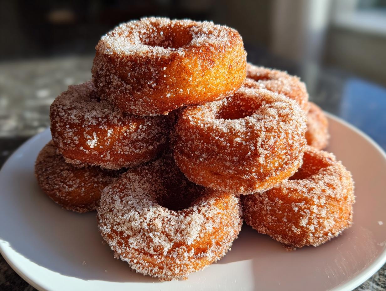 A close-up stack of golden brown baked pumpkin donuts heavily coated in sparkling sugar.