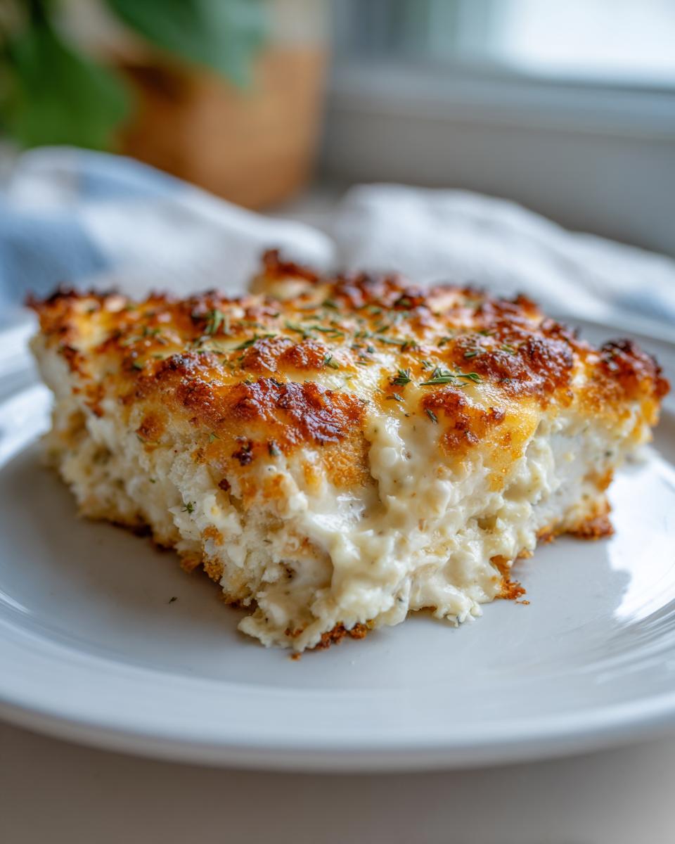 A close-up of a square serving of baked ranch chicken casserole with a bubbly, golden-brown cheese topping.