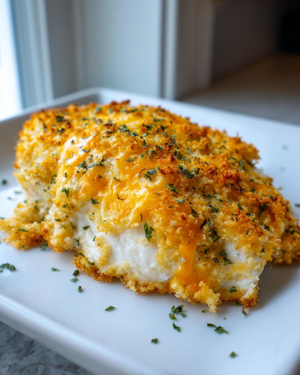 Close-up of a juicy baked ranch chicken breast with a crispy, golden breadcrumb topping and melted cheddar cheese.