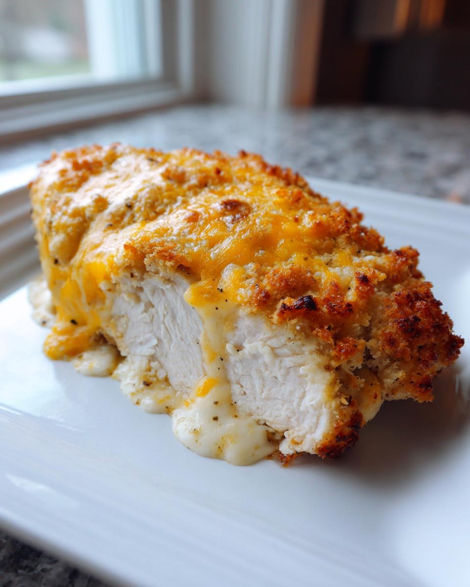 A cross-section of baked ranch chicken showing juicy white meat topped with crispy coating and melted cheddar cheese.
