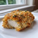 Cross-section of baked ranch chicken showing moist white meat and a golden, crispy ranch coating.