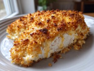 Close-up of a juicy baked ranch chicken breast, showing the crispy golden topping and moist white interior.