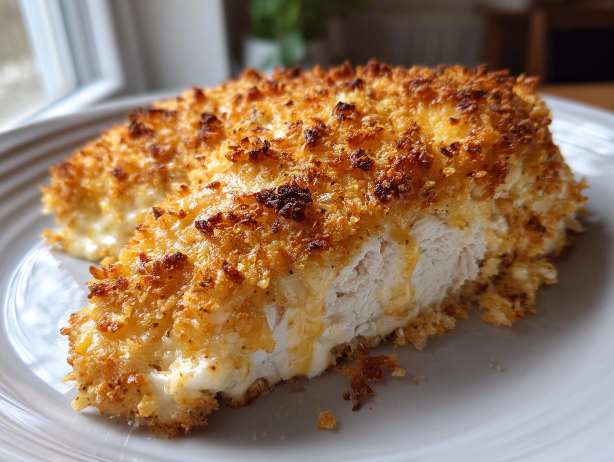 Close-up of a juicy baked ranch chicken breast, showing the crispy golden topping and moist white interior.