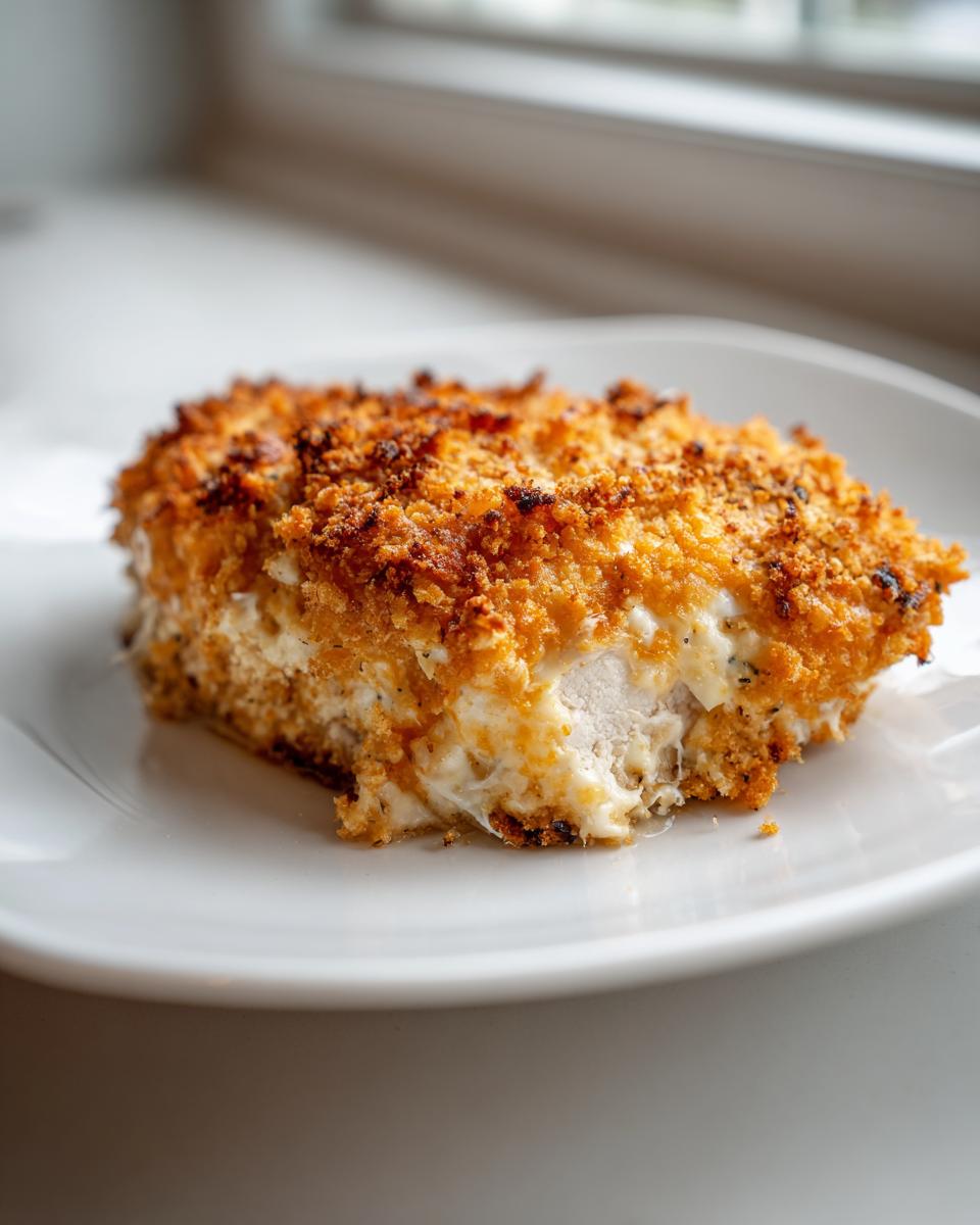 A close-up of a serving of baked ranch chicken with a thick, crispy, golden-brown topping on a white plate.