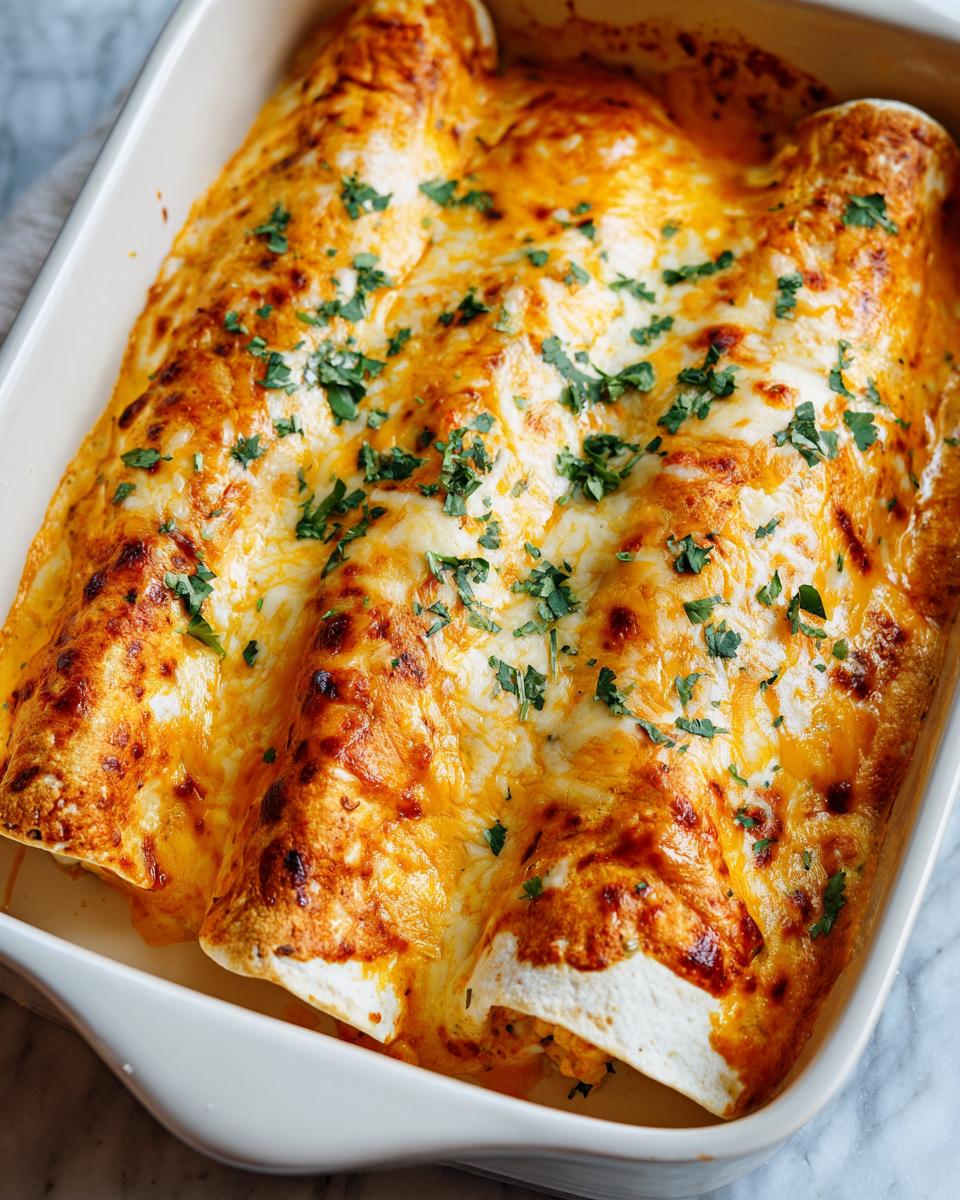 Close-up of baked shrimp enchiladas covered in melted, bubbly orange and white cheese, garnished with fresh parsley.