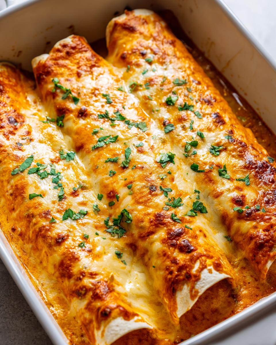 Close-up of three baked shrimp enchiladas covered in melted, bubbly cheese and sprinkled with fresh parsley.