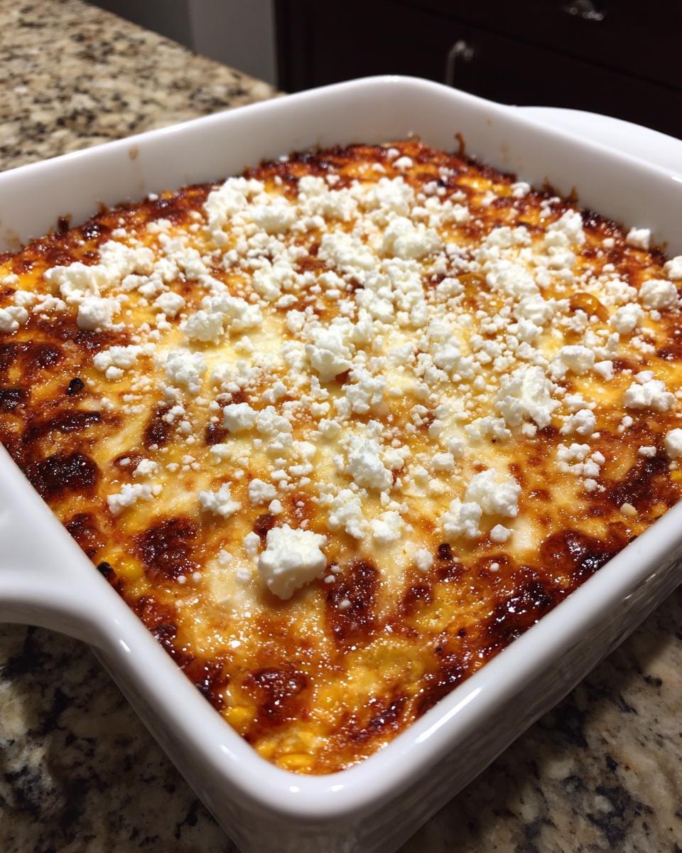 Close-up of a baked, cheesy street corn dip topped with crumbled white cheese in a square white baking dish.