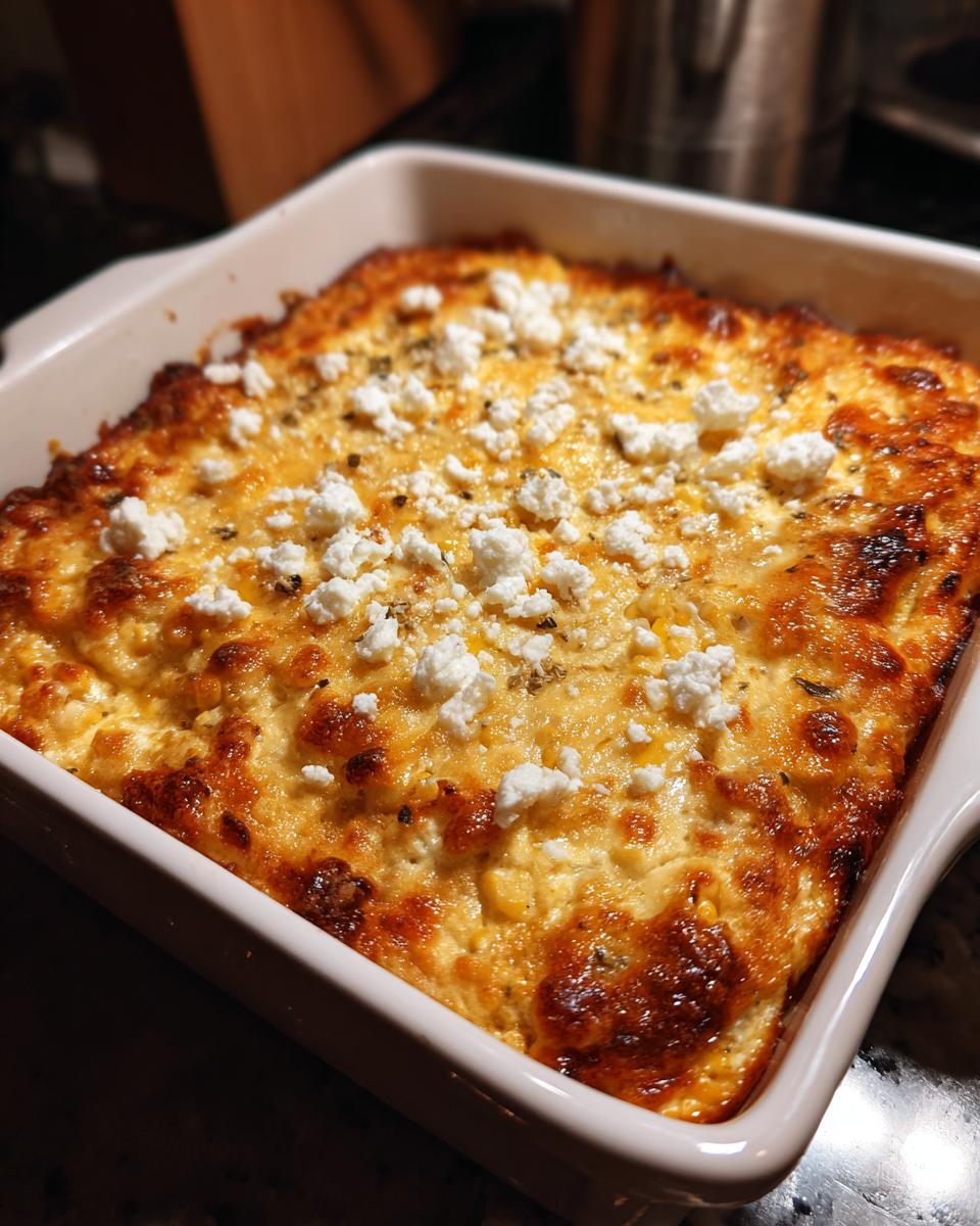 A close-up of hot, baked street corn dip in a white square dish, topped with crumbled white cheese.