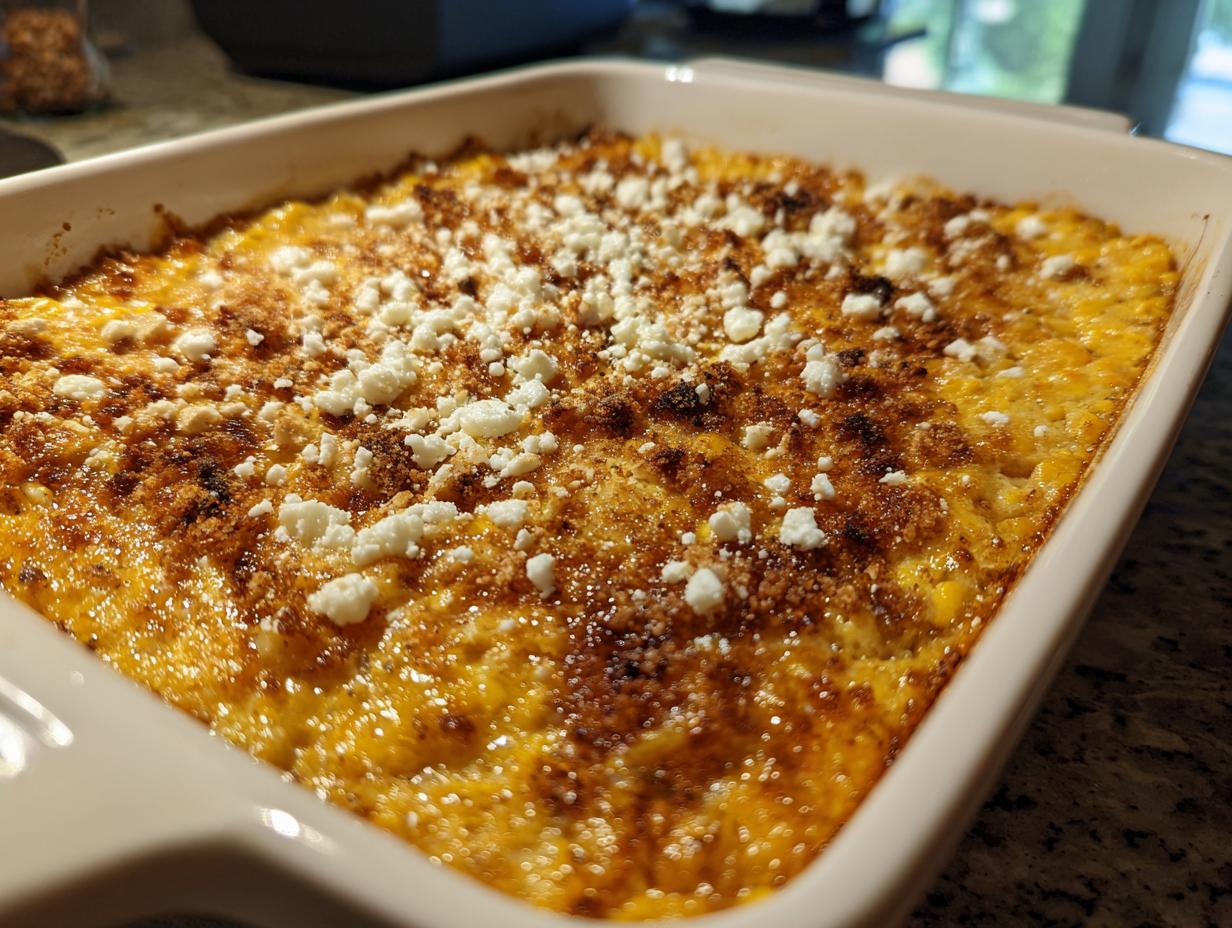 Close-up of a freshly baked street corn dip, golden brown and bubbling, topped with crumbled white cheese.