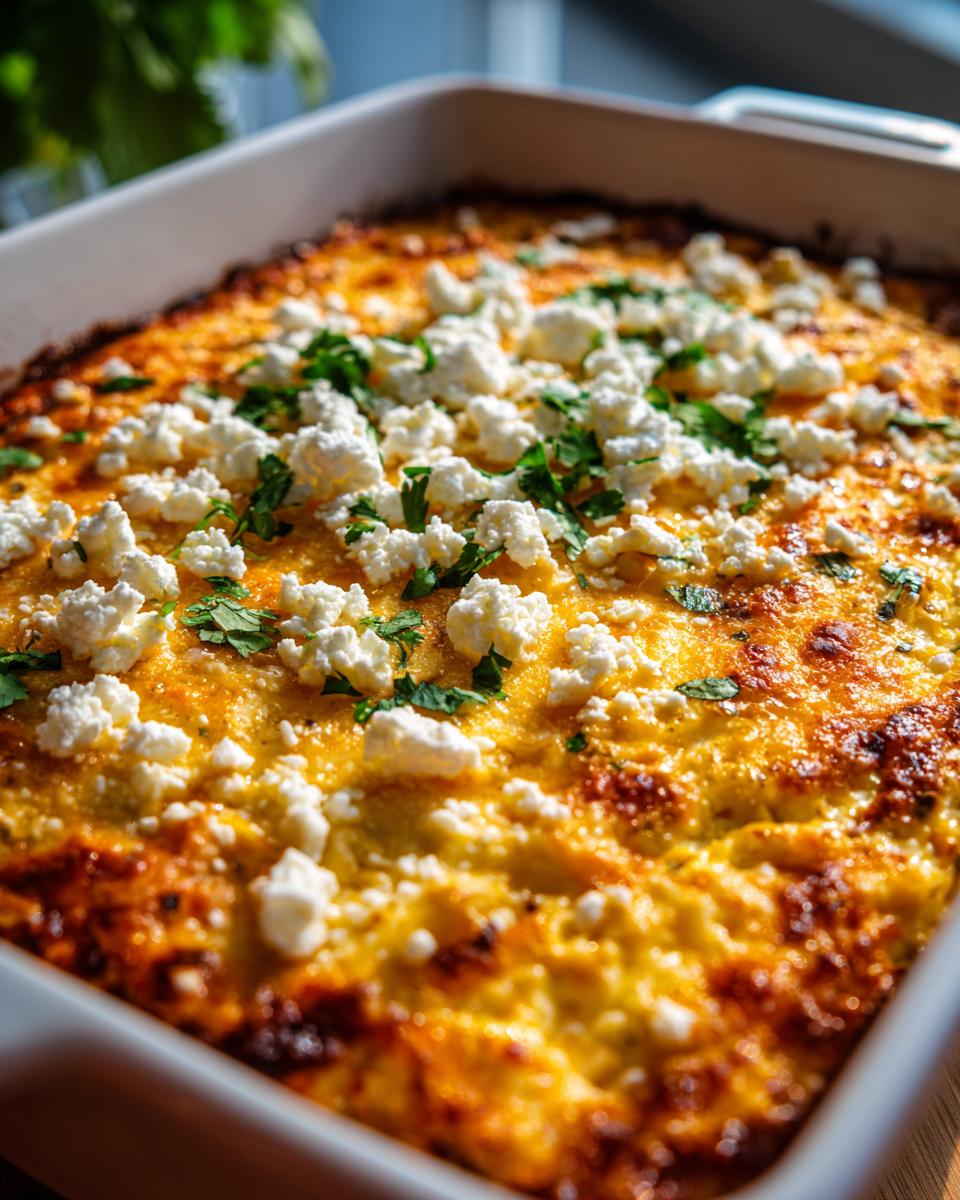 Close-up of baked street corn dip in a white dish, featuring a golden-brown, bubbly surface topped with crumbled white cheese and fresh cilantro.