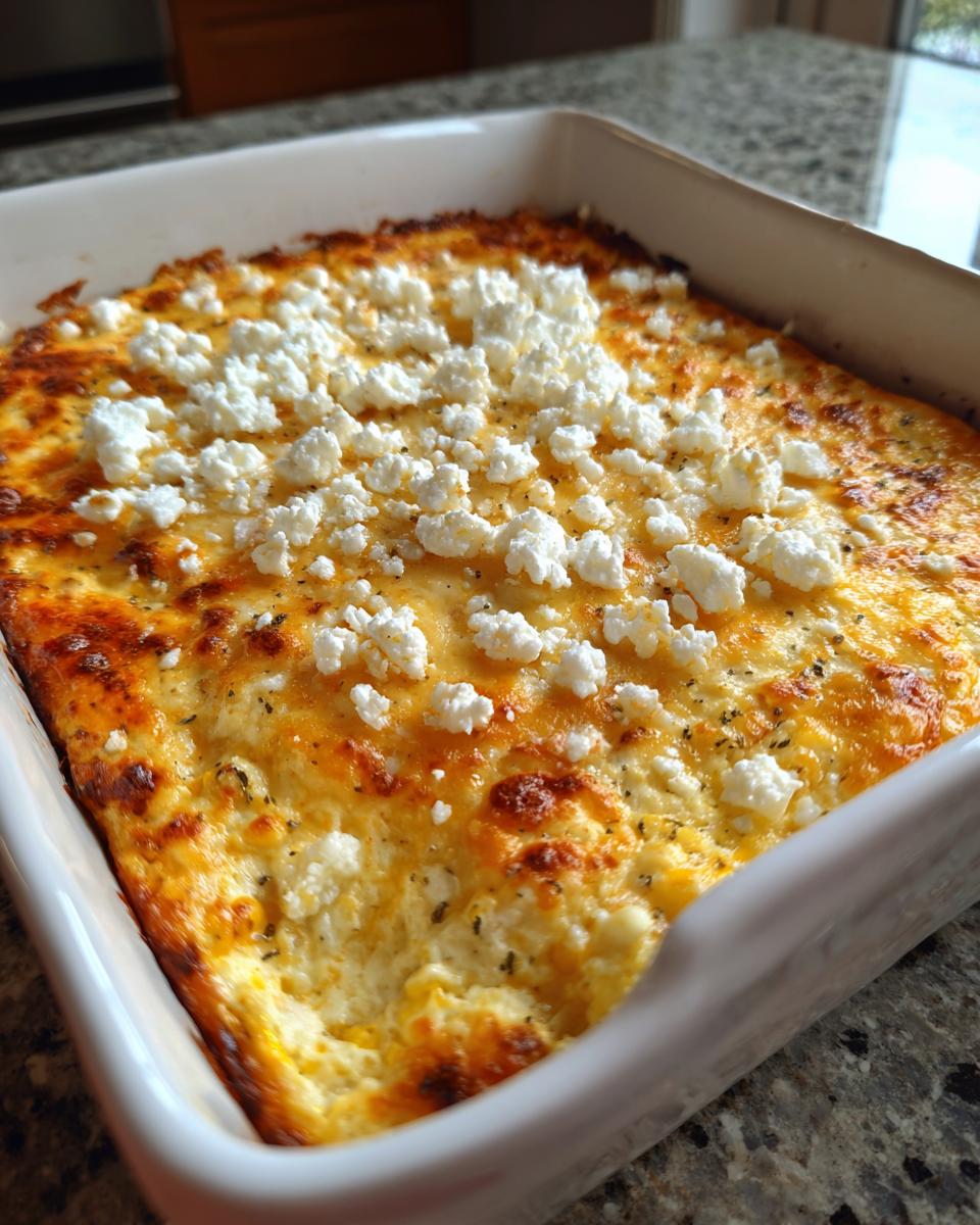 A close-up of baked, cheesy street corn dip topped with crumbled white cheese in a square white baking dish.