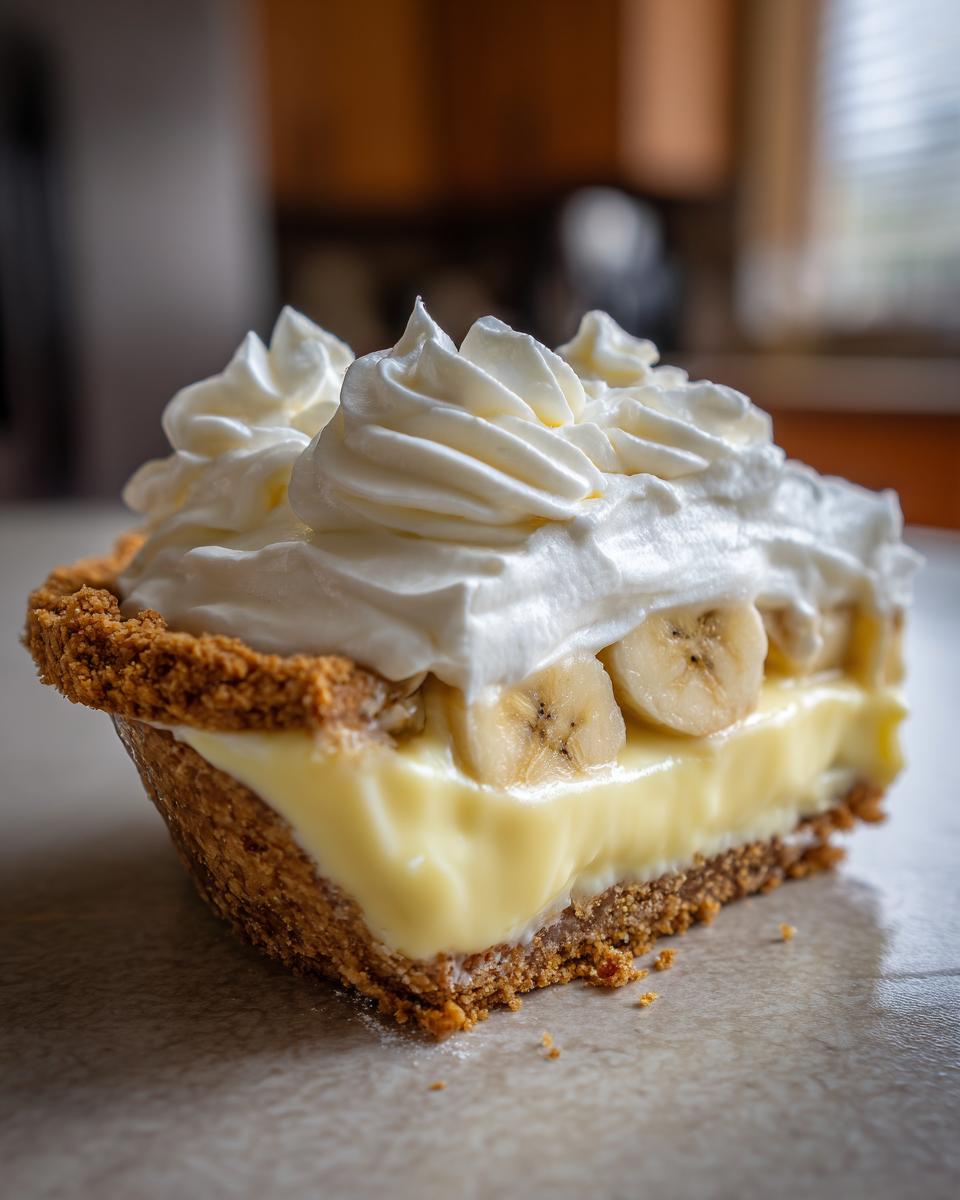 Close-up of a rich slice of banana cream pie showing the graham cracker crust, creamy filling, banana slices, and piped whipped cream topping.