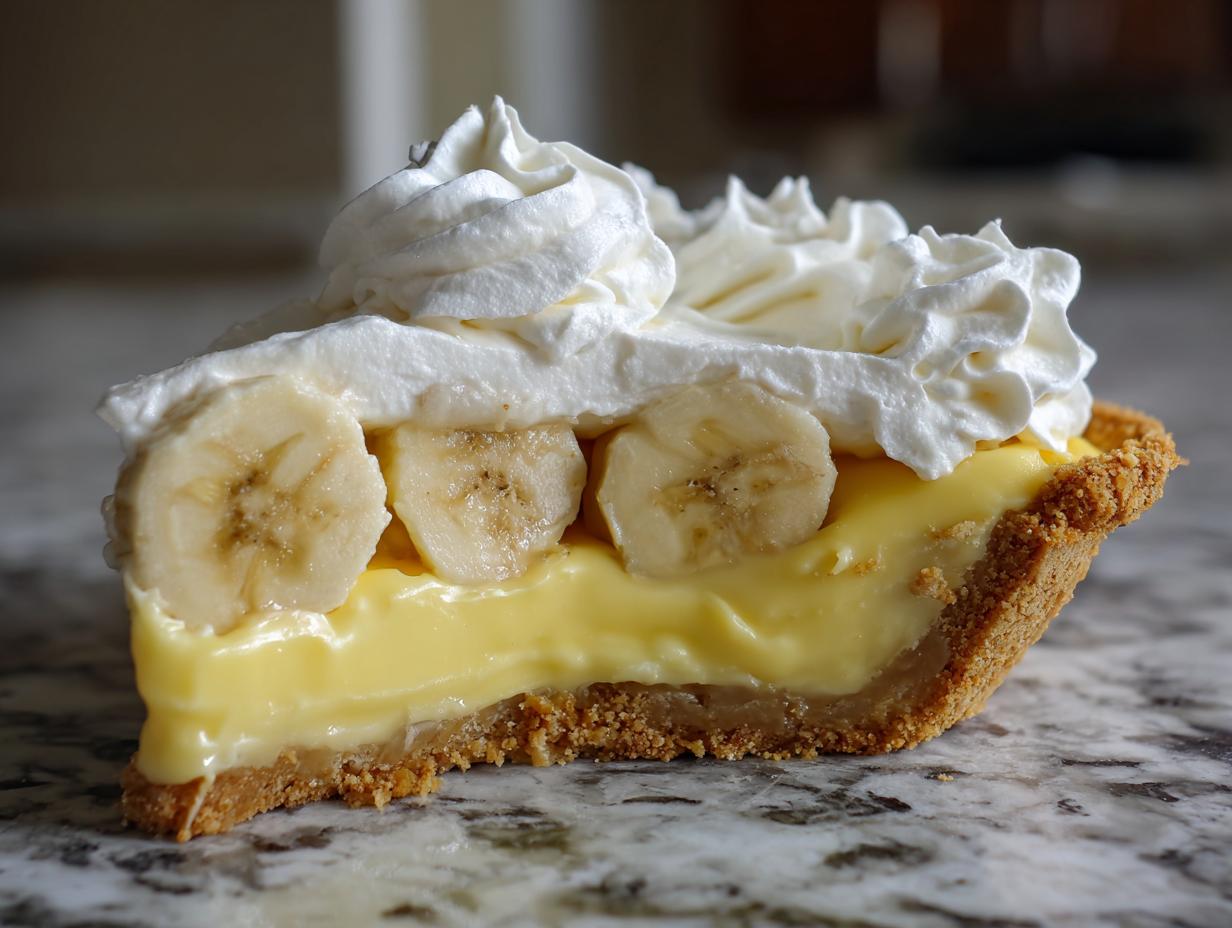 Close-up of a perfect slice of banana cream pie showing the graham cracker crust, thick vanilla custard, banana slices, and piped whipped cream topping.