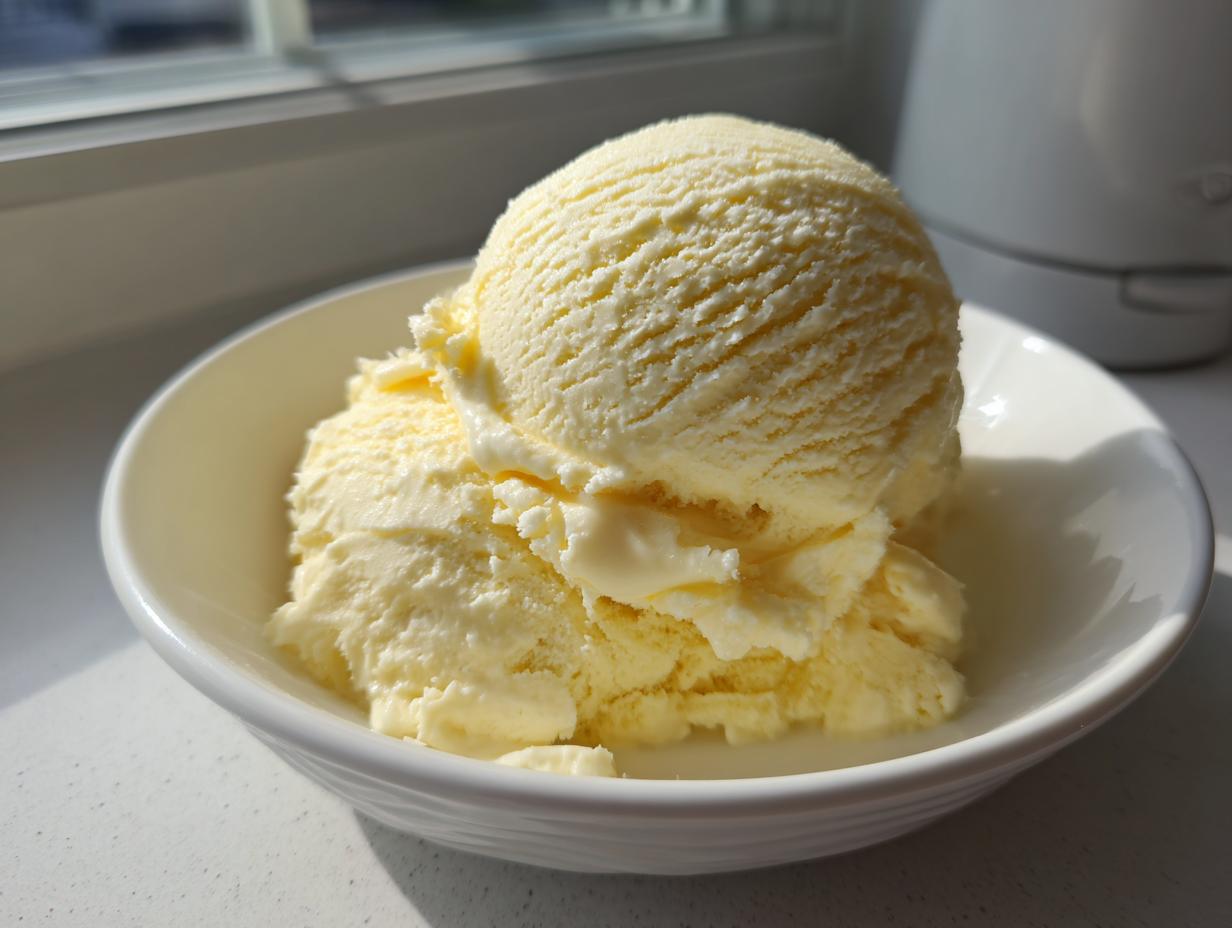 Two scoops of creamy, pale yellow banana ice cream served in a white bowl near a window.