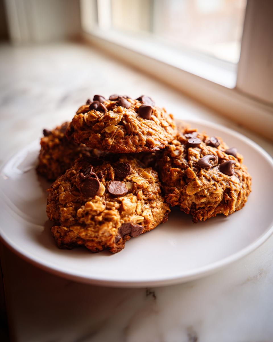 A close-up of several rich, textured banana oatmeal cookies topped with chocolate chips, resting on a white plate.