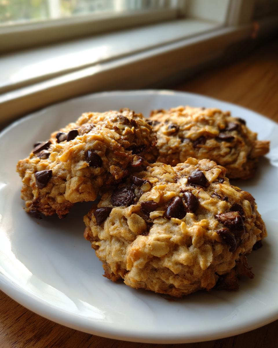 Three freshly baked banana oatmeal cookies studded with dark chocolate chips resting on a white plate near a window.