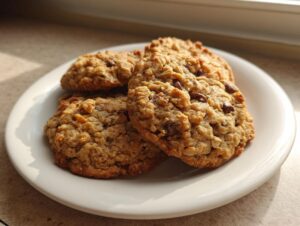 Close-up of three golden brown banana oatmeal cookies with visible oats and chocolate chips on a white plate.