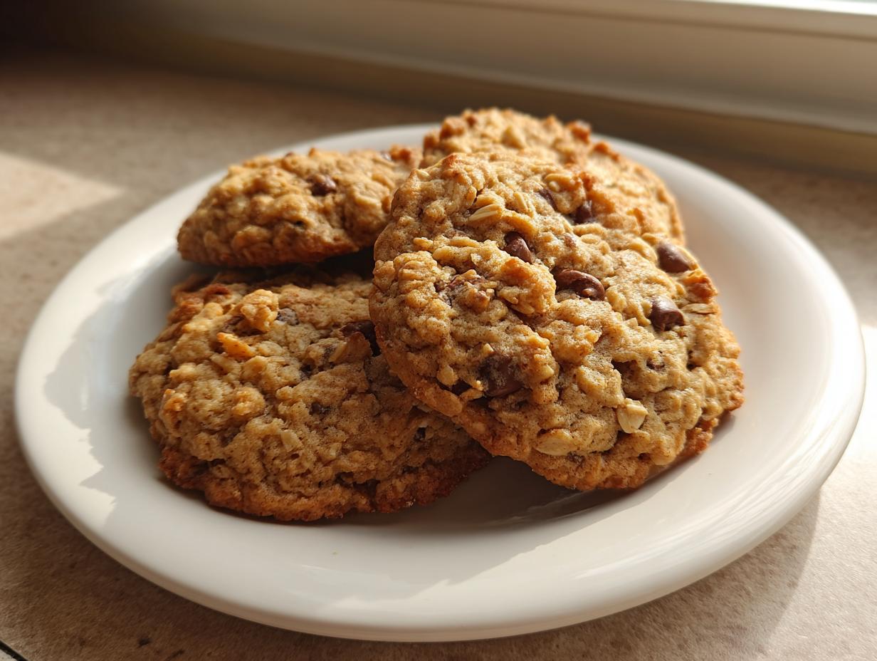 Close-up of three golden brown banana oatmeal cookies with visible oats and chocolate chips on a white plate.