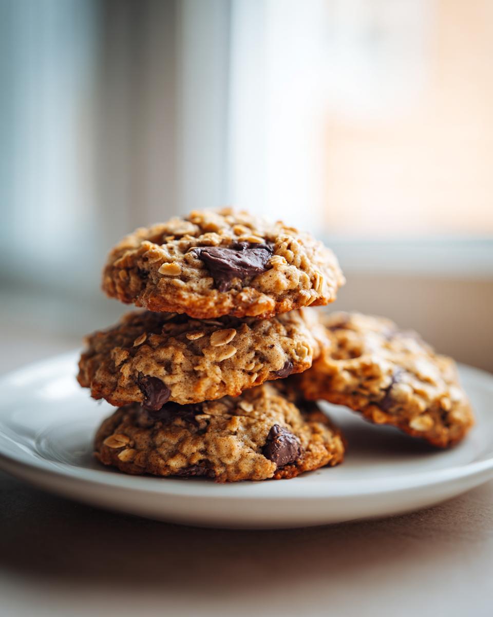 A stack of three golden brown banana oatmeal cookies with visible chocolate chips resting on a white plate.