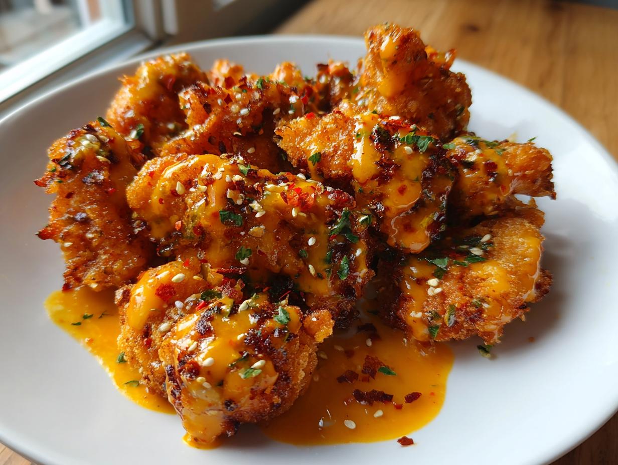 Crispy fried pieces of bang bang chicken drizzled with orange sauce and topped with sesame seeds and herbs.