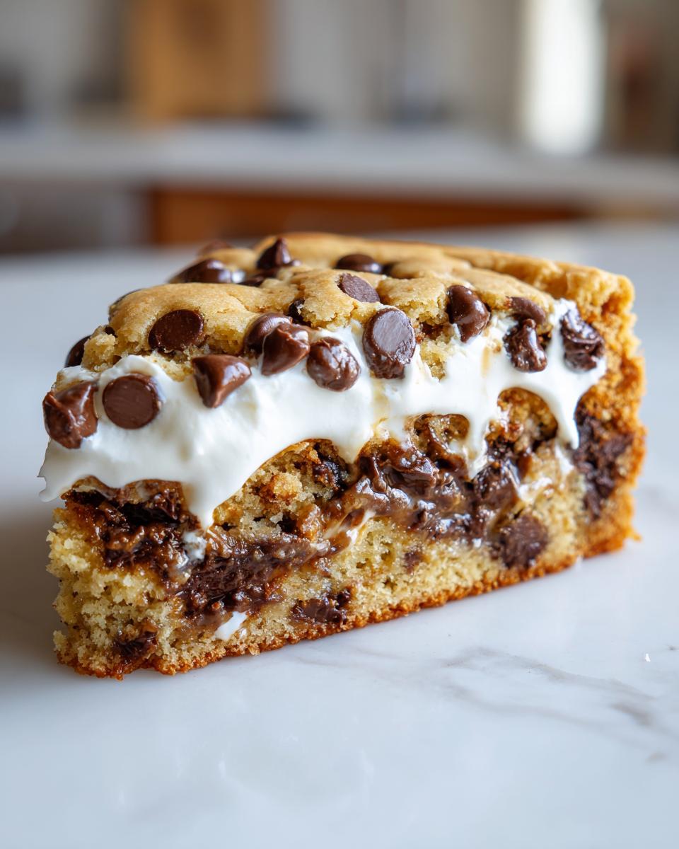 A thick slice of decadent cookie cake recipe featuring layers of chocolate chips, gooey filling, and white frosting.