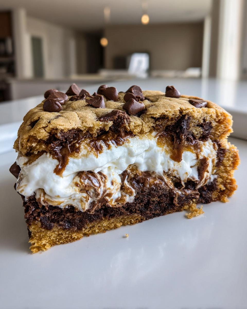 A thick slice of cookie cake recipe showing layers of chocolate chip cookie, fudge, and marshmallow filling.