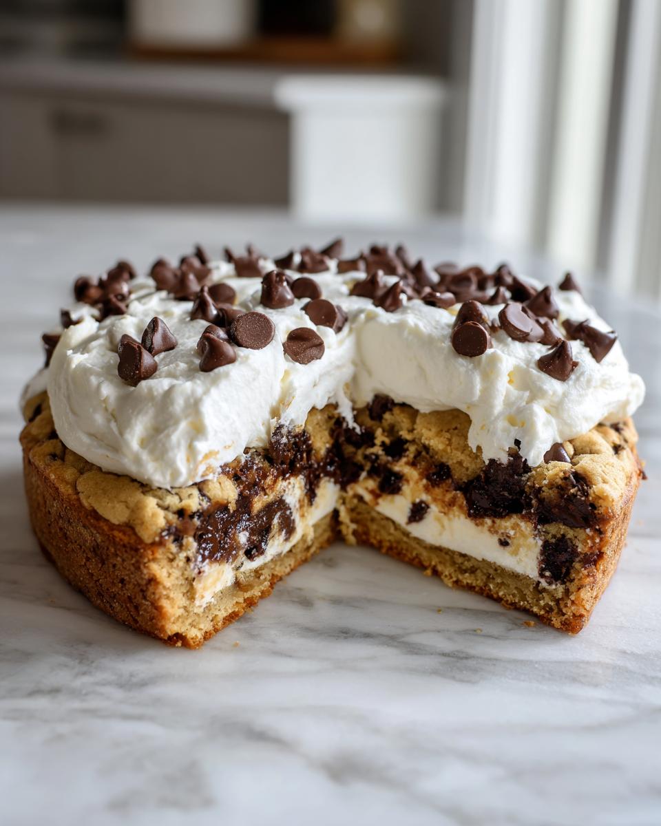 Cross-section view of the best cookie cake recipe, showing a thick chocolate chip base filled with cream and topped with whipped cream and more chips.