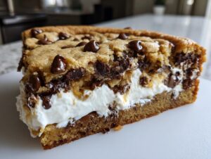 Close-up of a thick slice of cookie cake recipe featuring a creamy white filling and chocolate chips.