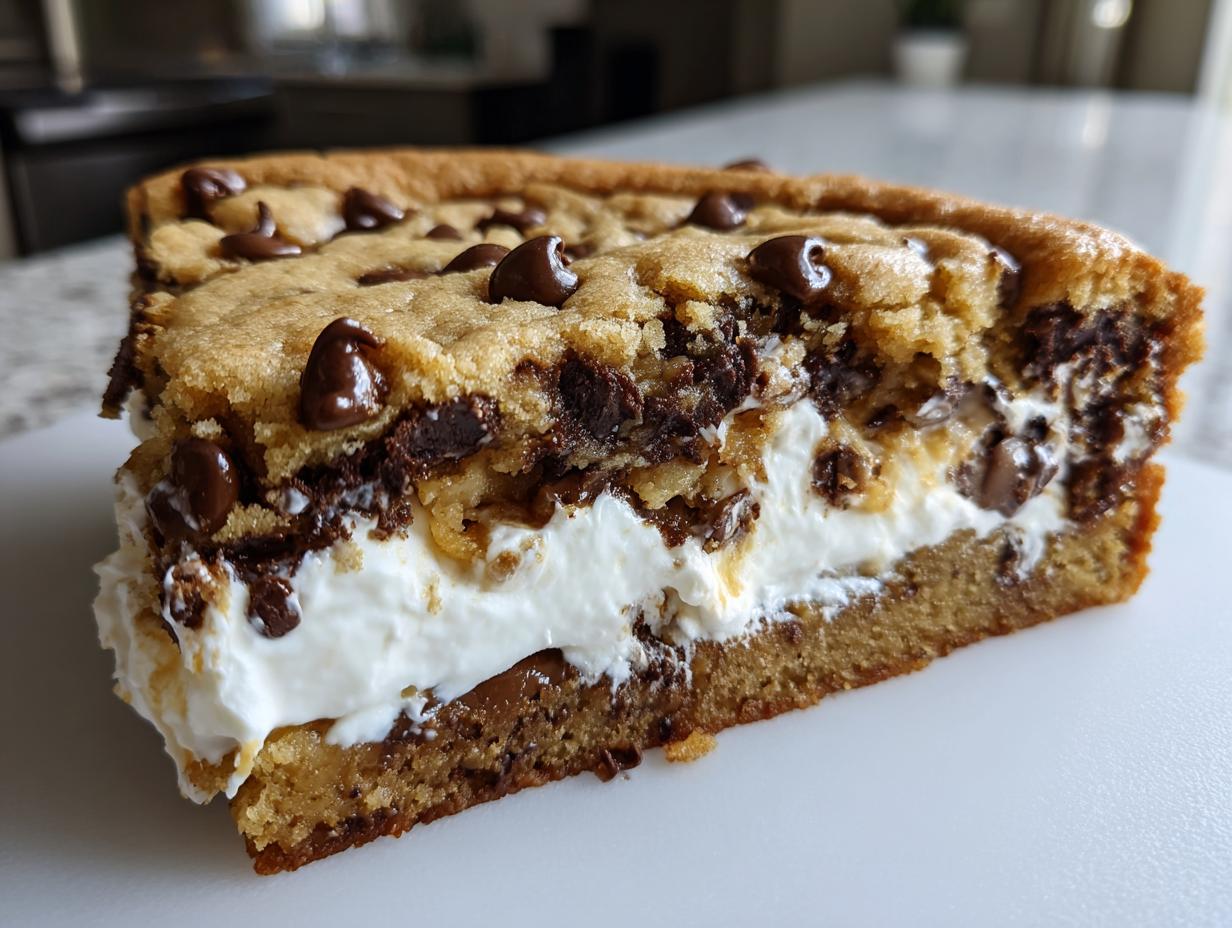 Close-up of a thick slice of cookie cake recipe featuring a creamy white filling and chocolate chips.
