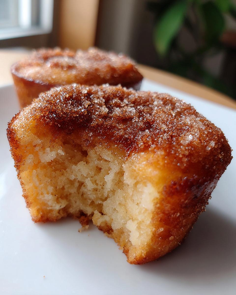 Close-up of a french toast muffins with a bite taken out, showing the soft interior and sugary crust.